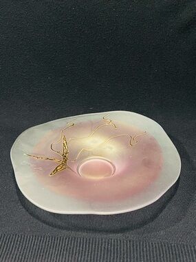 Vintage Frosted Pink Decorative Art Glass Bowl Gold Hand Painted Signed 8”